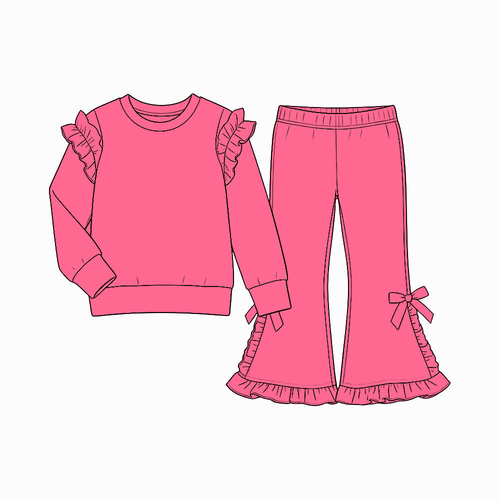 Preorder MOQ 5 pcs GLP3987 Solid Color Rose Red Ruffles Bows Girls Set