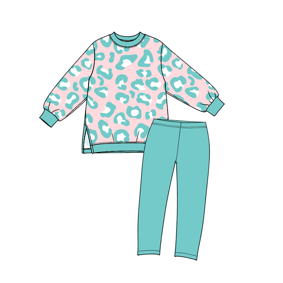 Preorder MOQ 5 pcs GLP3990 Leopard Blue Green Yoga Girls Set