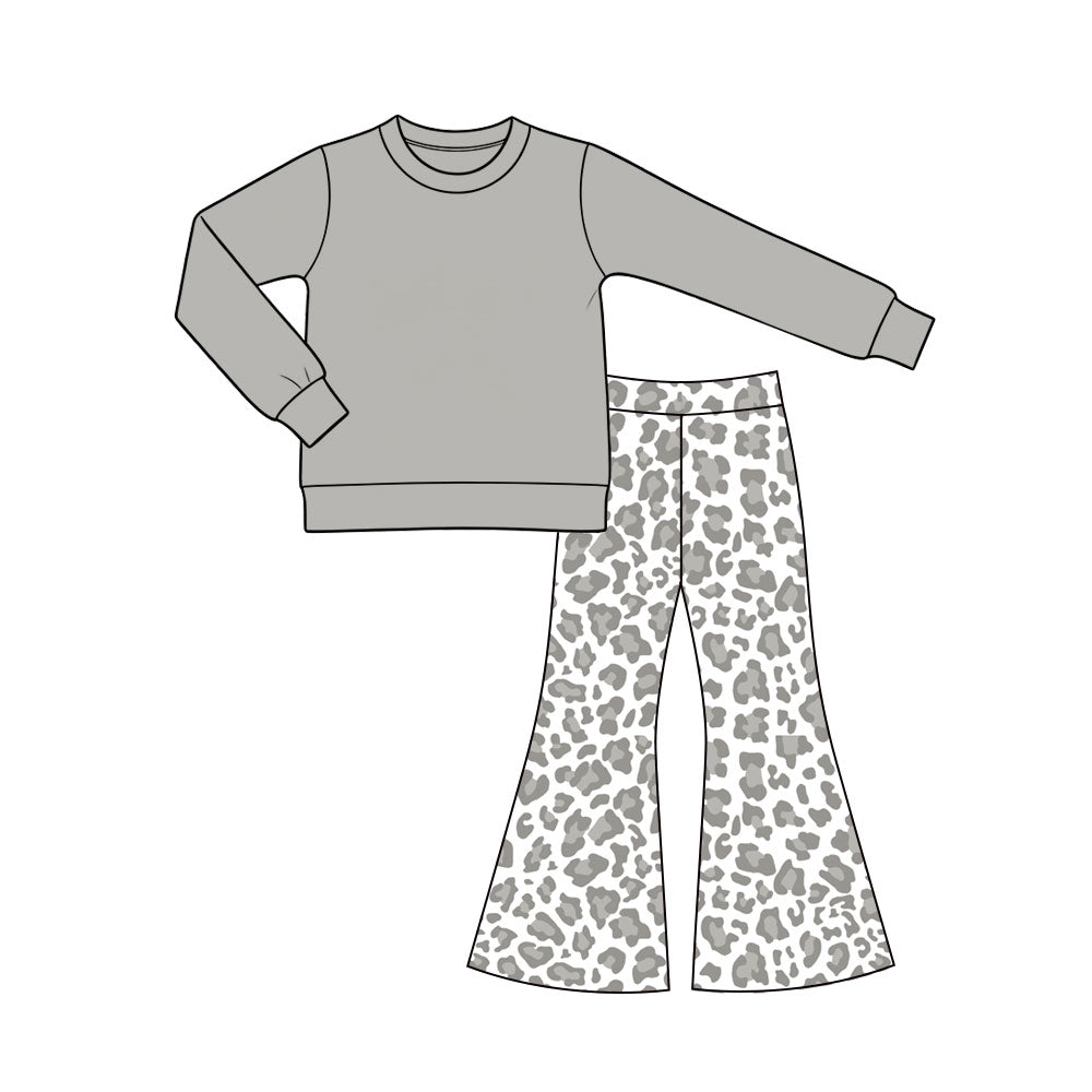 Preorder MOQ 5 pcs GLP3992 Leopard Gray Flared Pants Girls Set