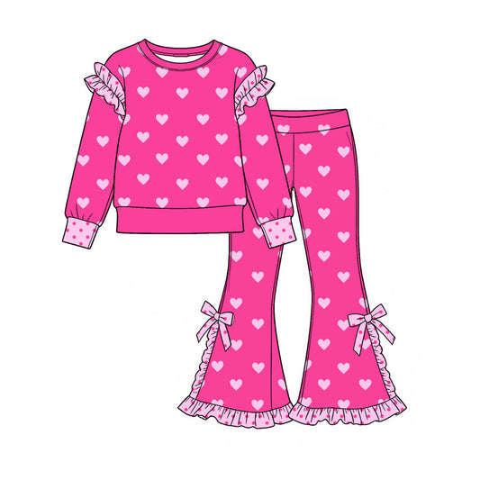 Preorder MOQ 5 pcs GLP4016 Valentine's Day Love Dots Bows Rose Red Flared Pants Girls Set