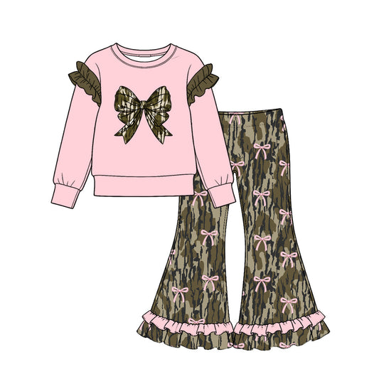 Preorder MOQ 5 pcs GLP4019 Valentine's Day Pink Bows Camo Ruffles Girls Flared Set