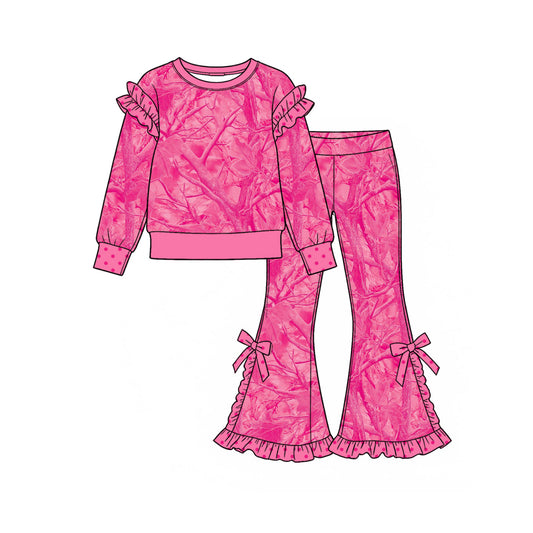 Preorder MOQ 5 pcs GLP4025 Valentine's Day Leopard Dots Ruffles Bows Rose Red Flared Pants Girls Set