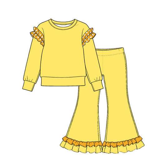 Preorder MOQ 5 pcs GLP4040 Solid Color Cotton Ruffles Yellow Girls Set