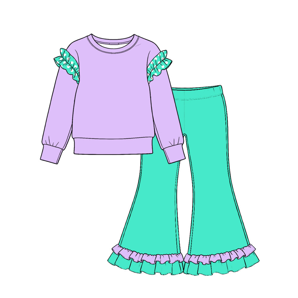 Preorder MOQ 5 pcs GLP4041 Solid Color Cotton Ruffles Purple Turquoise Girls Set