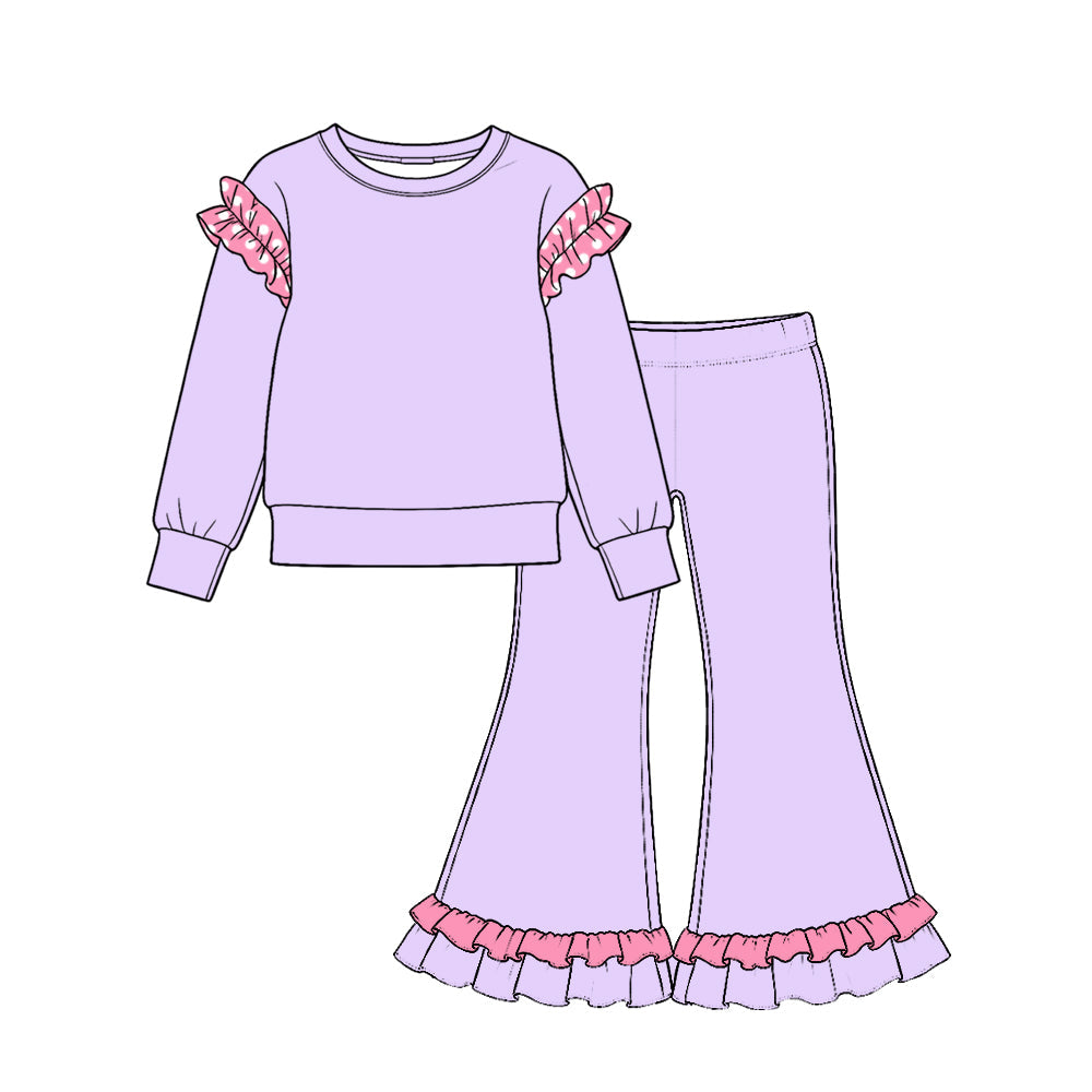 Preorder MOQ 5 pcs GLP4042 Solid Color Cotton Ruffles Purple Pink Girls Set