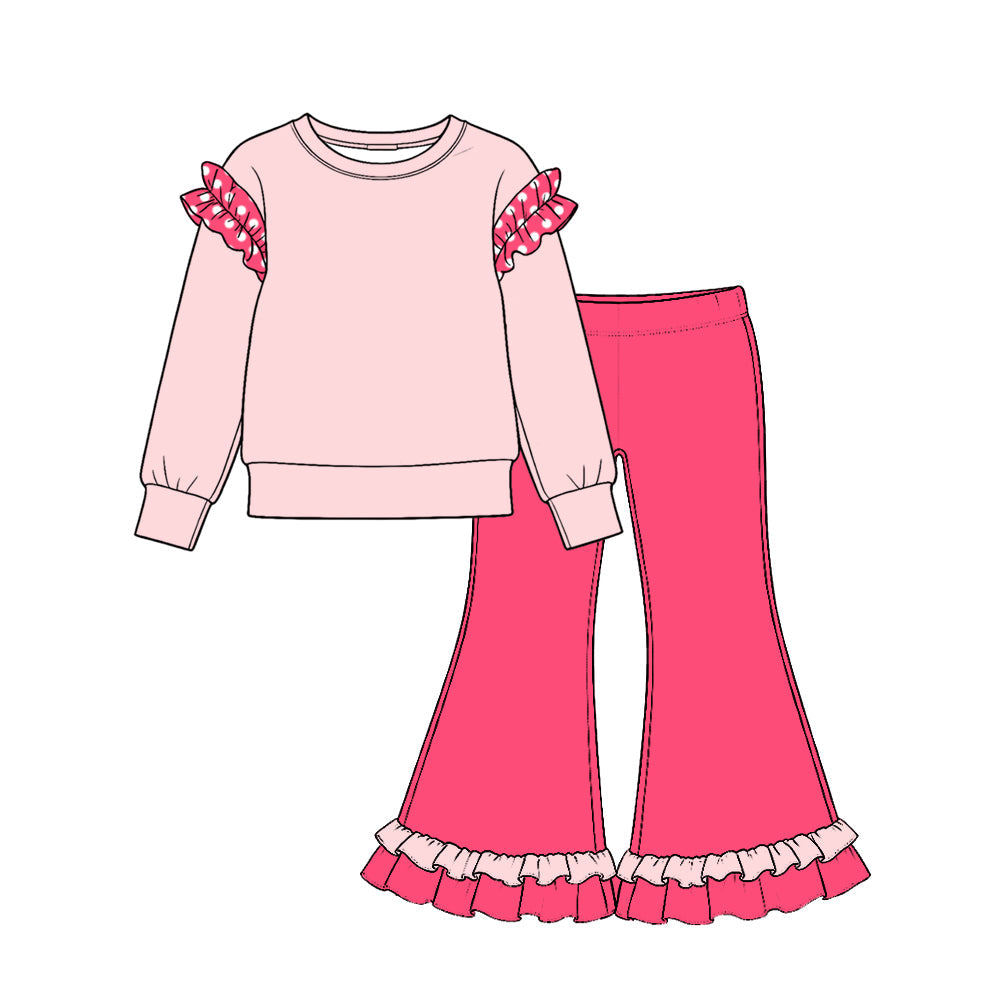 Preorder MOQ 5 pcs GLP4043 Solid Color Cotton Ruffles Pink Rose Red Girls Set