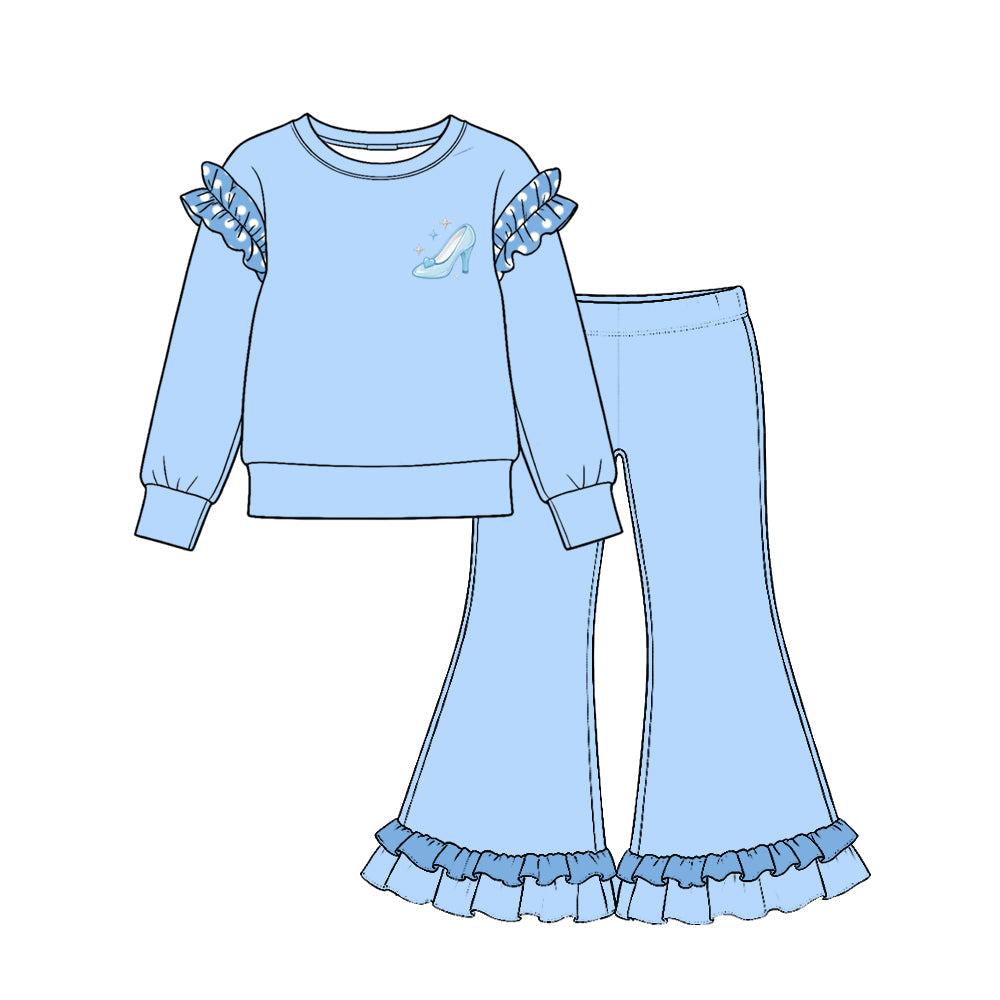 Preorder MOQ 5 pcs GLP4045 High Heel Pattern Solid Color Cotton Ruffles Blue Girls Set