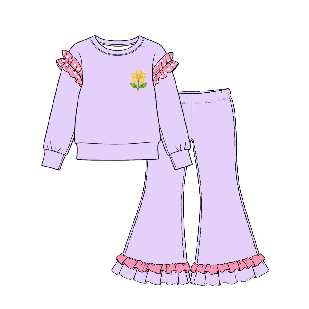 Preorder MOQ 5 pcs GLP4048 Flower Pattern Solid Color Cotton Ruffles Purple Pink Girls Set