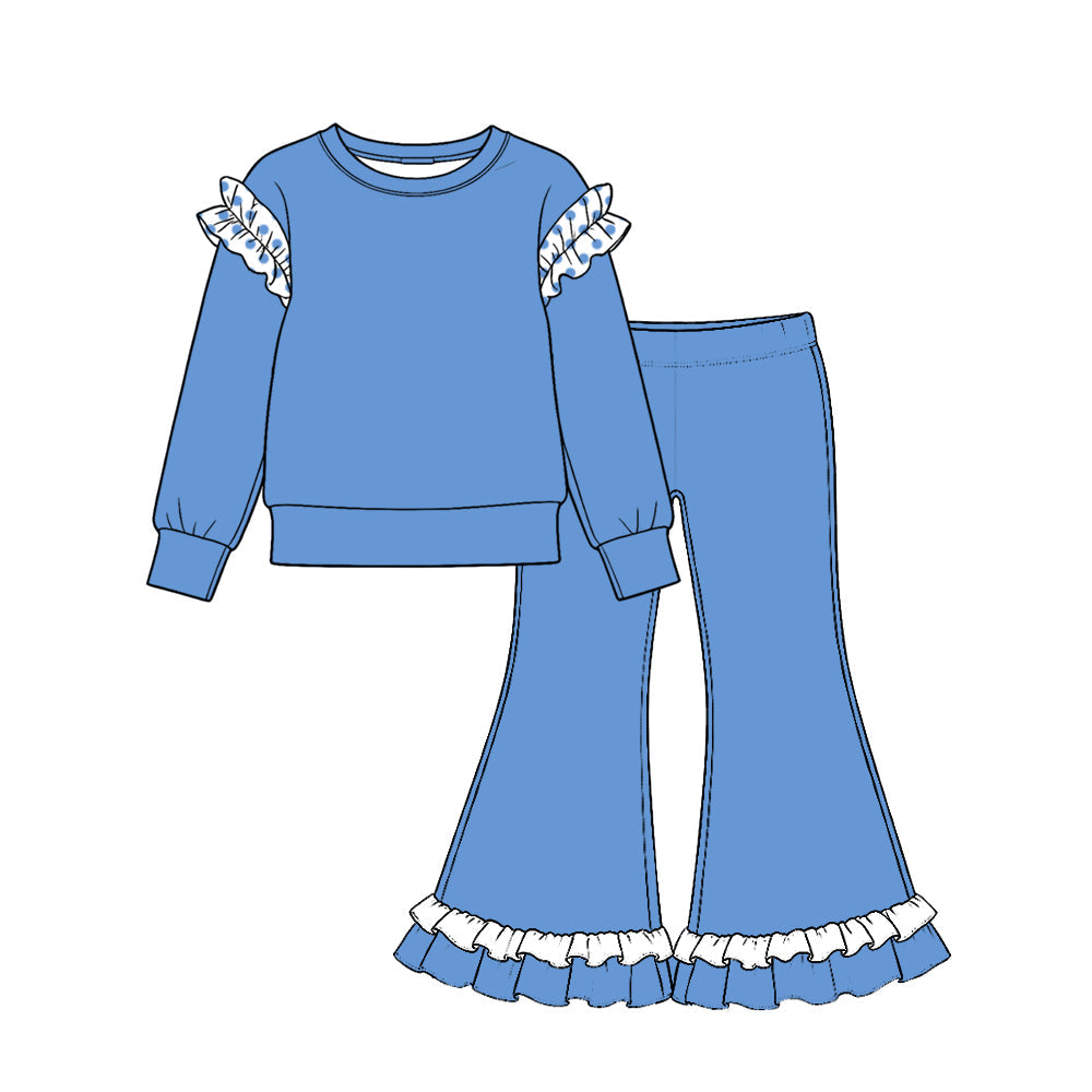 Preorder MOQ 5 pcs GLP4056 Solid Color Cotton Ruffles Blue White Girls Set
