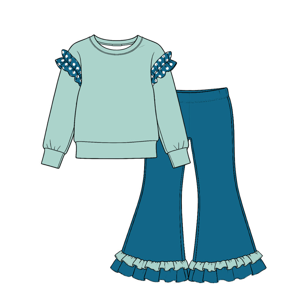 Preorder MOQ 5 pcs GLP4057 Solid Color Cotton Ruffles Blue Green Girls Set