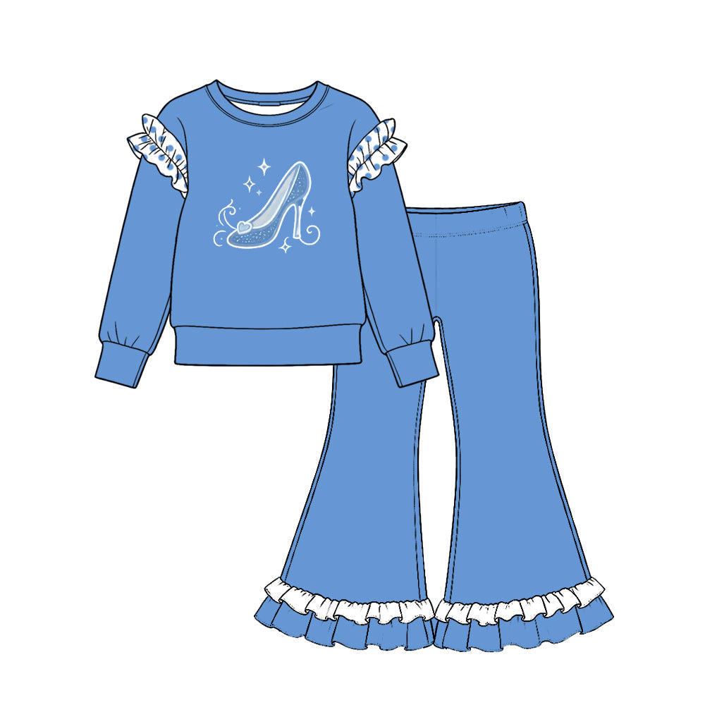 Preorder MOQ 5 pcs GLP4061 High Heel Pattern Solid Color Cotton Ruffles Blue White Girls Set