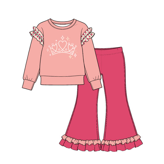 Preorder MOQ 5 pcs GLP4065 Crown Pattern Solid Color Cotton Ruffles Pink Girls Set
