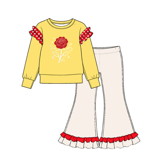 Preorder MOQ 5 pcs GLP4066 Rose Pattern Solid Color Cotton Ruffles Yellow Red Girls Set