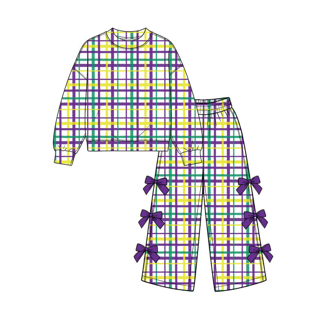 Preorder MOQ 5 pcs GLP4078 Mardi Gras Purple Green Yellow Plaid Bows Girls Set