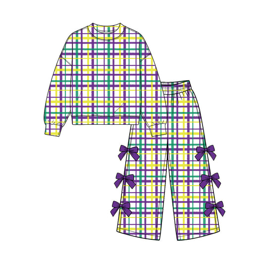 Preorder MOQ 5 pcs GLP4078 Mardi Gras Purple Green Yellow Plaid Bows Girls Set