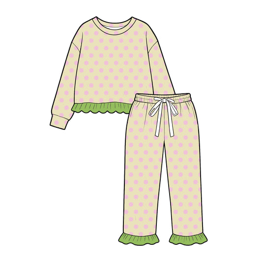 Preorder MOQ 5 pcs GLP4093 Dots Green Ruffles Girls Set