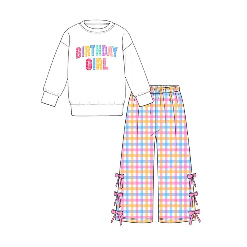 Preorder MOQ 5 pcs GLP4099 Birthday Girl Colorful Plaid Bows Girls Set