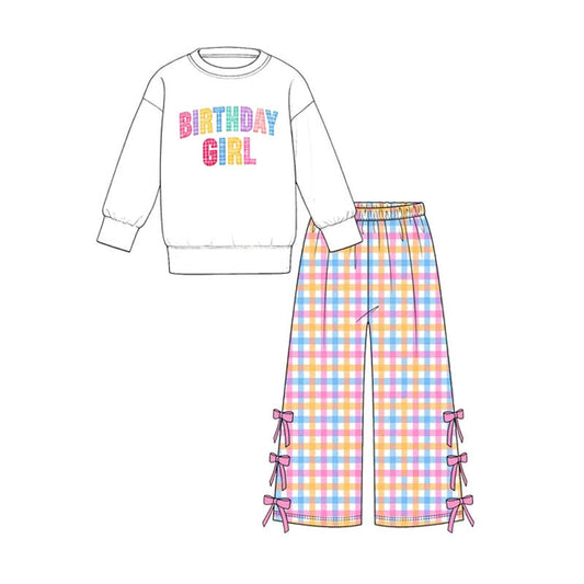 Preorder MOQ 5 pcs GLP4099 Birthday Girl Colorful Plaid Bows Girls Set