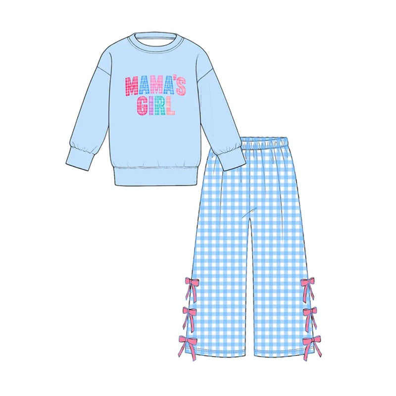 Preorder MOQ 5 pcs GLP4100 MAMA'S Girl Blue Plaid Bows Girls Set