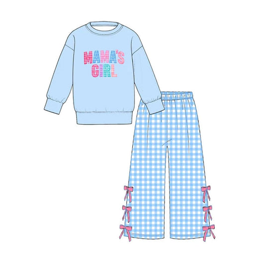 Preorder MOQ 5 pcs GLP4100 MAMA'S Girl Blue Plaid Bows Girls Set