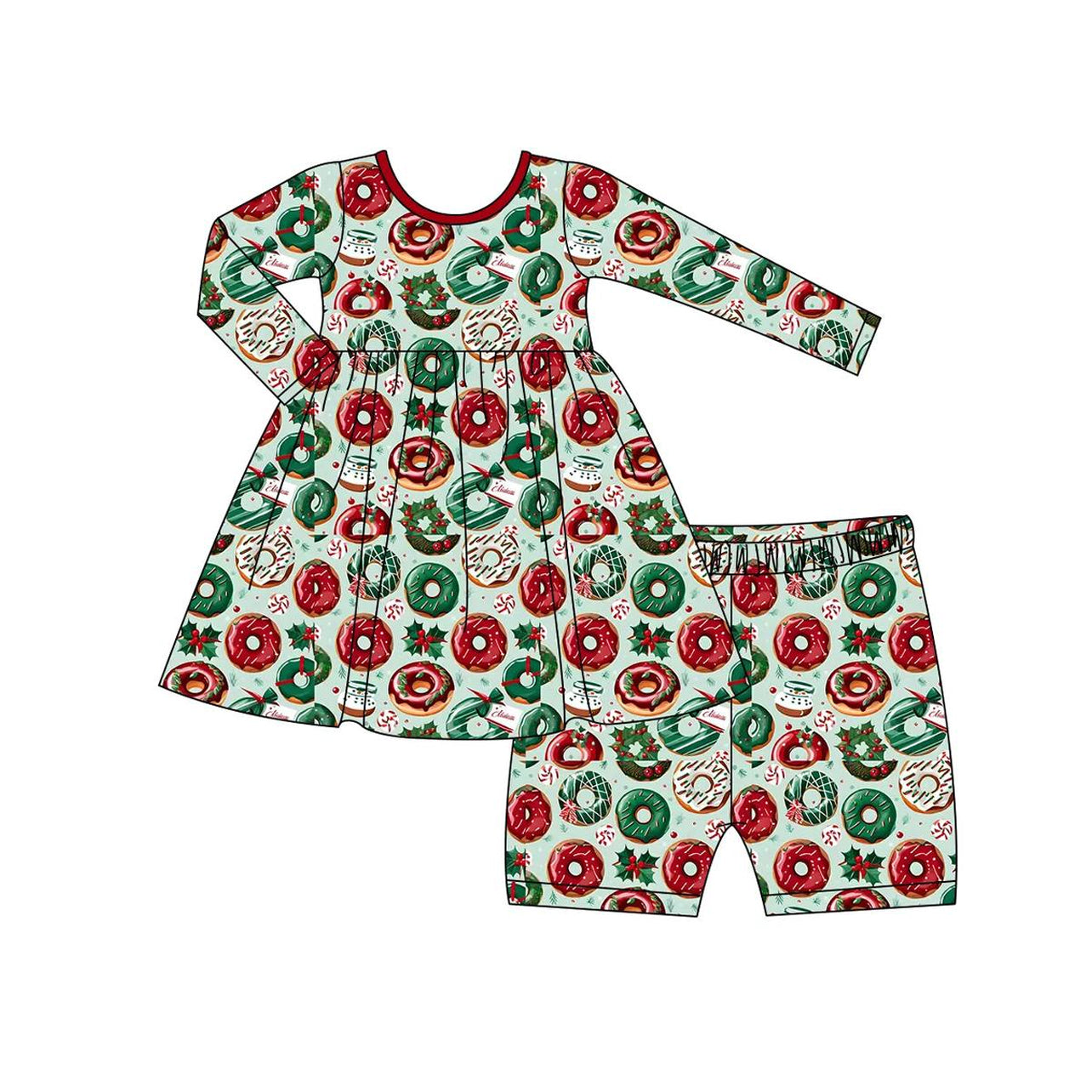 Preorder GLS0002 Christmas donut red green long sleeve shorts set