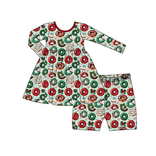 Preorder GLS0002 Christmas donut red green long sleeve shorts set