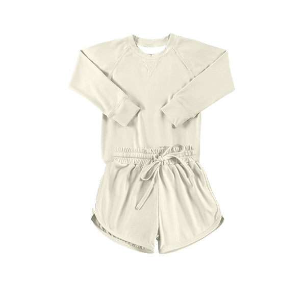 preorder GLS0008  Kids Yoga Set Pure Beige Long Sleeve Shorts Sets Girls Boutique Outfits 202503