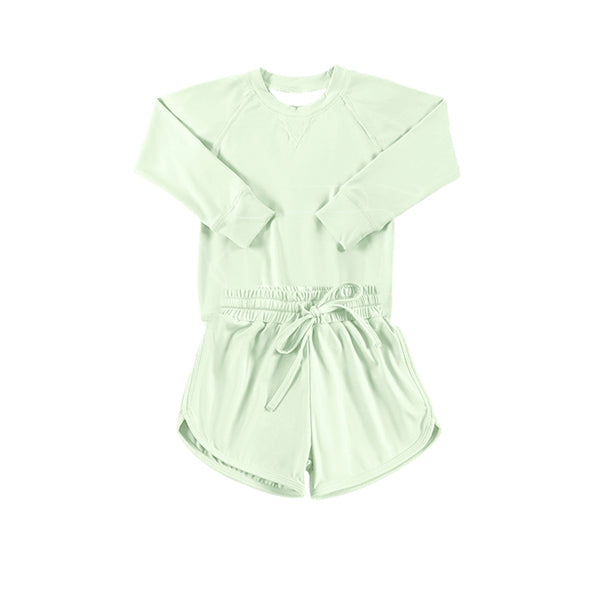 preorder GLS0009 Kids Yoga Set Pure Light Green Long Sleeve Shorts Sets Girls Boutique Outfits 202503
