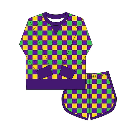 MOQ 8 Preorder GLS0016 Girls Boutique Yoga Sets Mardi Gras Purple Plaid Long Sleeve Shorts 202509