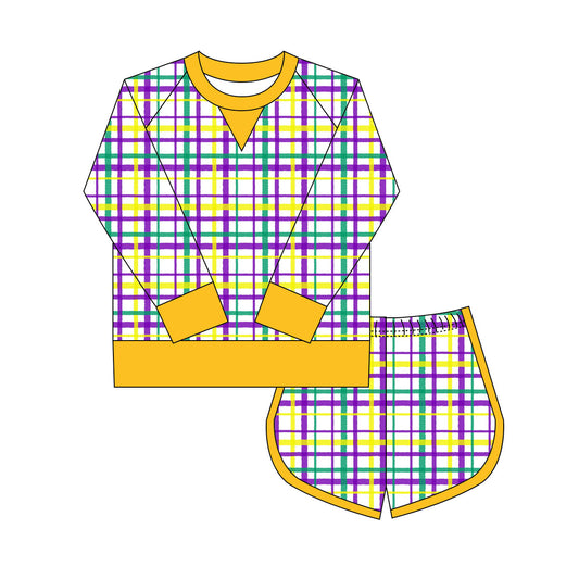 MOQ 8 Preorder GLS0017 Girls Boutique Yoga Sets Mardi Gras Yellow Plaid Long Sleeve Shorts 202509
