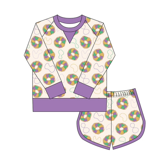 MOQ 8 Preorder GLS0018 Mardi Gras Necklace Donut Yoga Long Sleeve Shorts Girls Set 202509