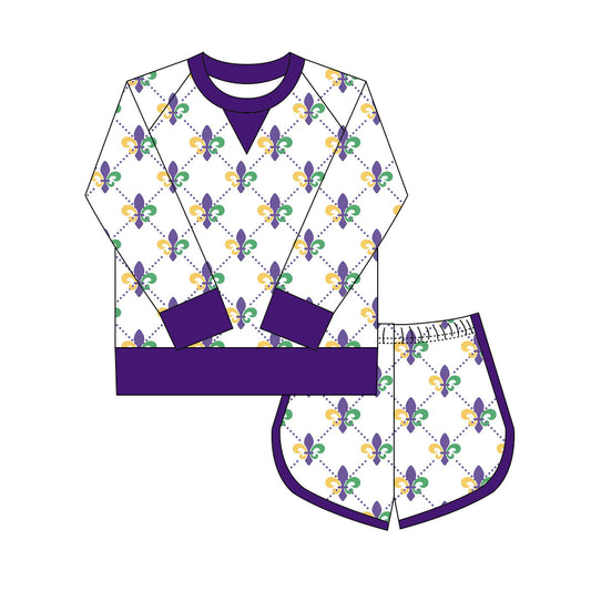 MOQ 8 Preorder GLS0019 Mardi Gras Polka Dot Plaid Yoga Long Sleeve Shorts Girls Set 202509