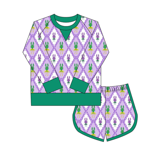 MOQ 8 Preorder GLS0020 Mardi Gras Crayfish Plaid Yoga Long Sleeve Shorts Girls Set 202509