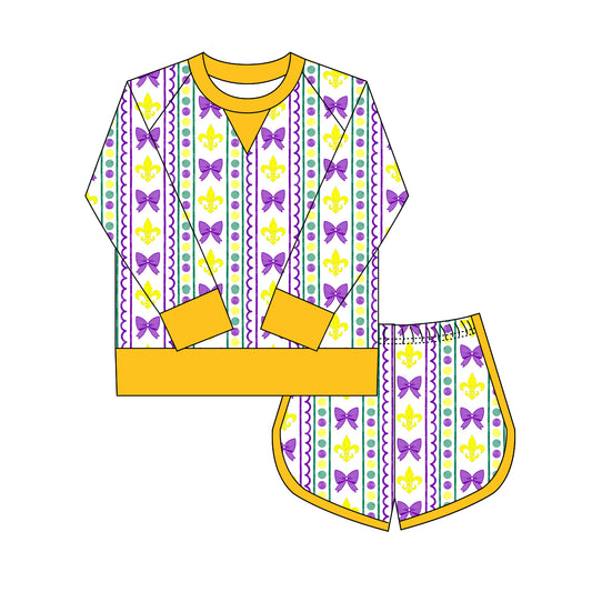 MOQ 8 Preorder GLS0021 Mardi Gras Bow Pattern Wavy Striped Yoga Long Sleeve Shorts Girls Set 202509