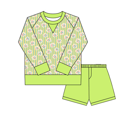 MOQ 8 Preorder GLS0025 Floral Green Yoga Long Sleeve Shorts Girls Set 202509