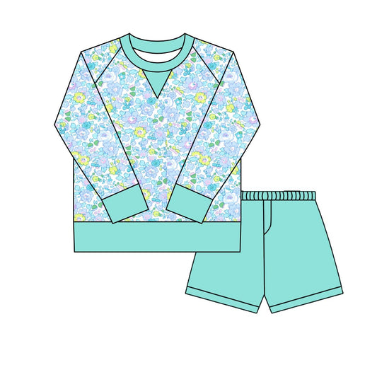 MOQ 8 Preorder GLS0026 Floral Light Blue Green Yoga Long Sleeve Shorts Girls Set 202509