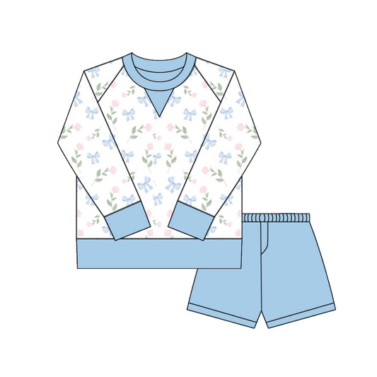 MOQ 8 Preorder GLS0027 Flower Bow Blue White Yoga Long Sleeve Shorts Girls Set 202509