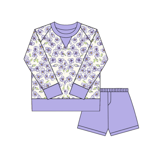 MOQ 8 Preorder GLS0029 Flower Purple Yoga Long Sleeve Shorts Girls Set 202509