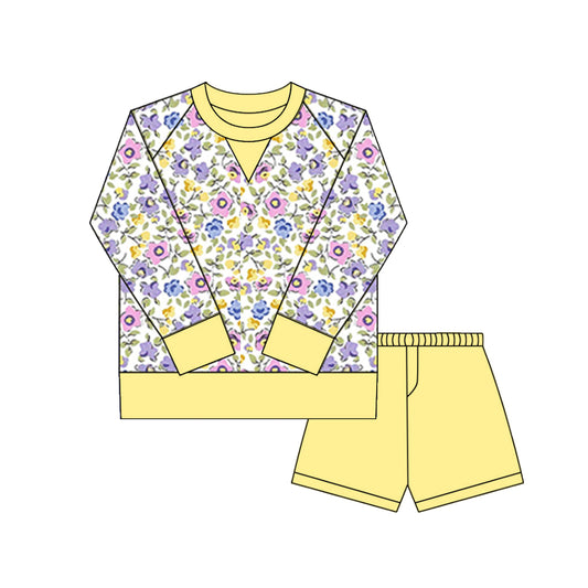 MOQ 8 Preorder GLS0030 Flower Yellow Yoga Long Sleeve Shorts Girls Set 202509