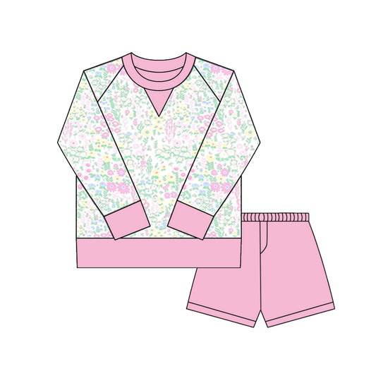 MOQ 8 Preorder GLS0031 Flower Pink Yoga Long Sleeve Shorts Girls Set 202509