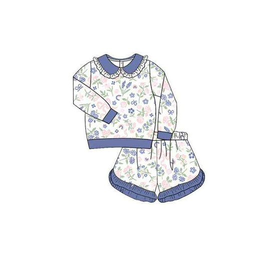 MOQ 5 preorder GLS0033 Flower Blue Ruffle Doll Collar Long-Sleeved Shorts Girls Set 202510