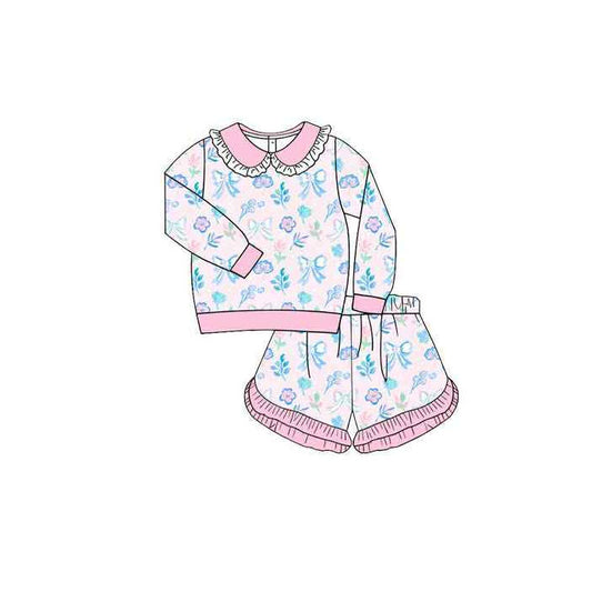 MOQ 5 preorder GLS0034 Flower Pink Ruffle Doll Collar Long-Sleeved Shorts Girls Set 202510