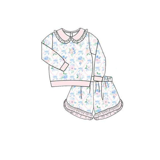 MOQ 5 preorder GLS0036 Flower Bows Light Pink Ruffle Doll Collar Long-Sleeved Shorts Girls Set 202510