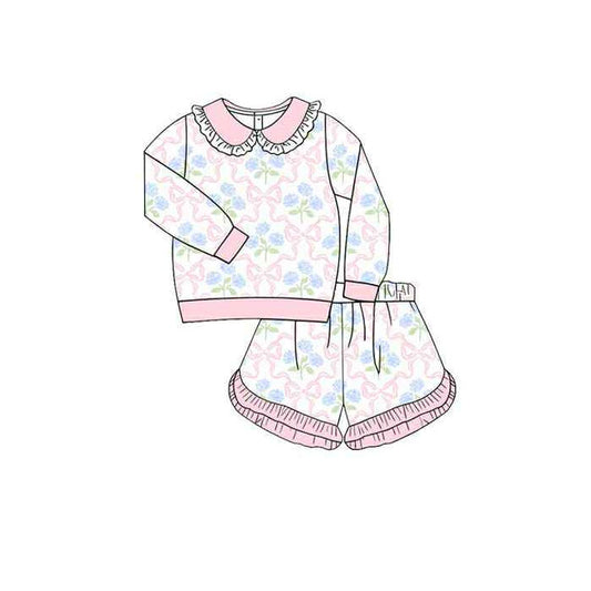 MOQ 5 preorder GLS0037 Flower Pink Bows Ruffle Doll Collar Long-Sleeved Shorts Girls Set 202510