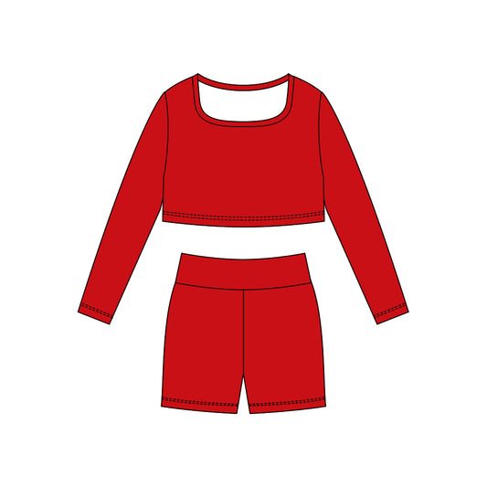 MOQ 5 Preorder GLS0039 Solid Red Yoga Long Sleeve Shorts Girls Set 202510