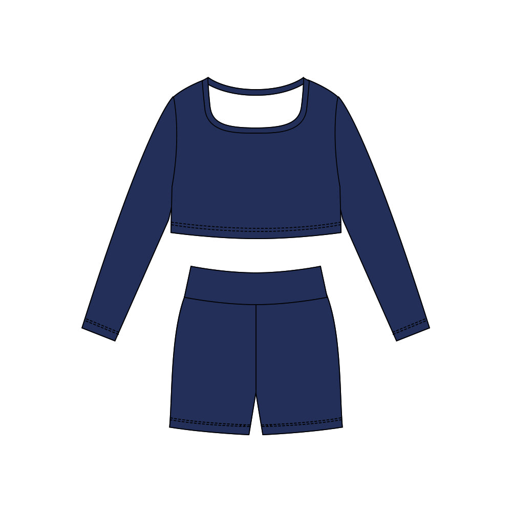 MOQ 5 Preorder GLS0042 Solid Navy Yoga Long Sleeve Shorts Girls Set 202510