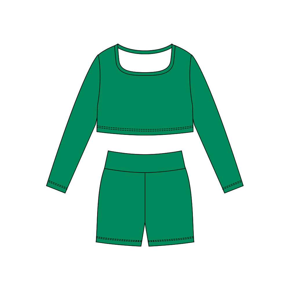 MOQ 5 Preorder GLS0044 Solid Green Yoga Long Sleeve Shorts Girls Set 202510