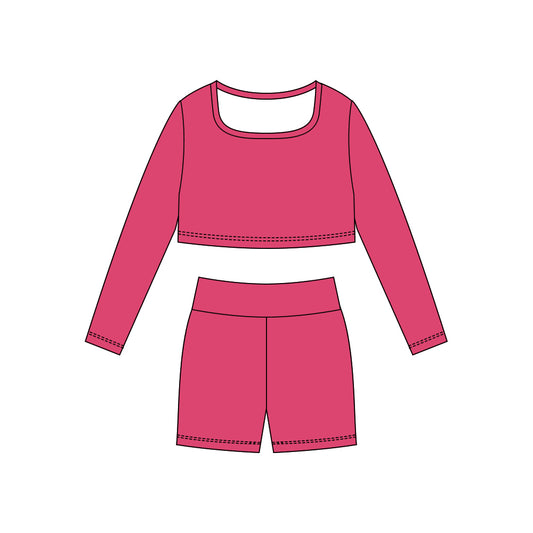 MOQ 5 Preorder GLS0046 Solid Rose Red Yoga Long Sleeve Shorts Girls Set 202510