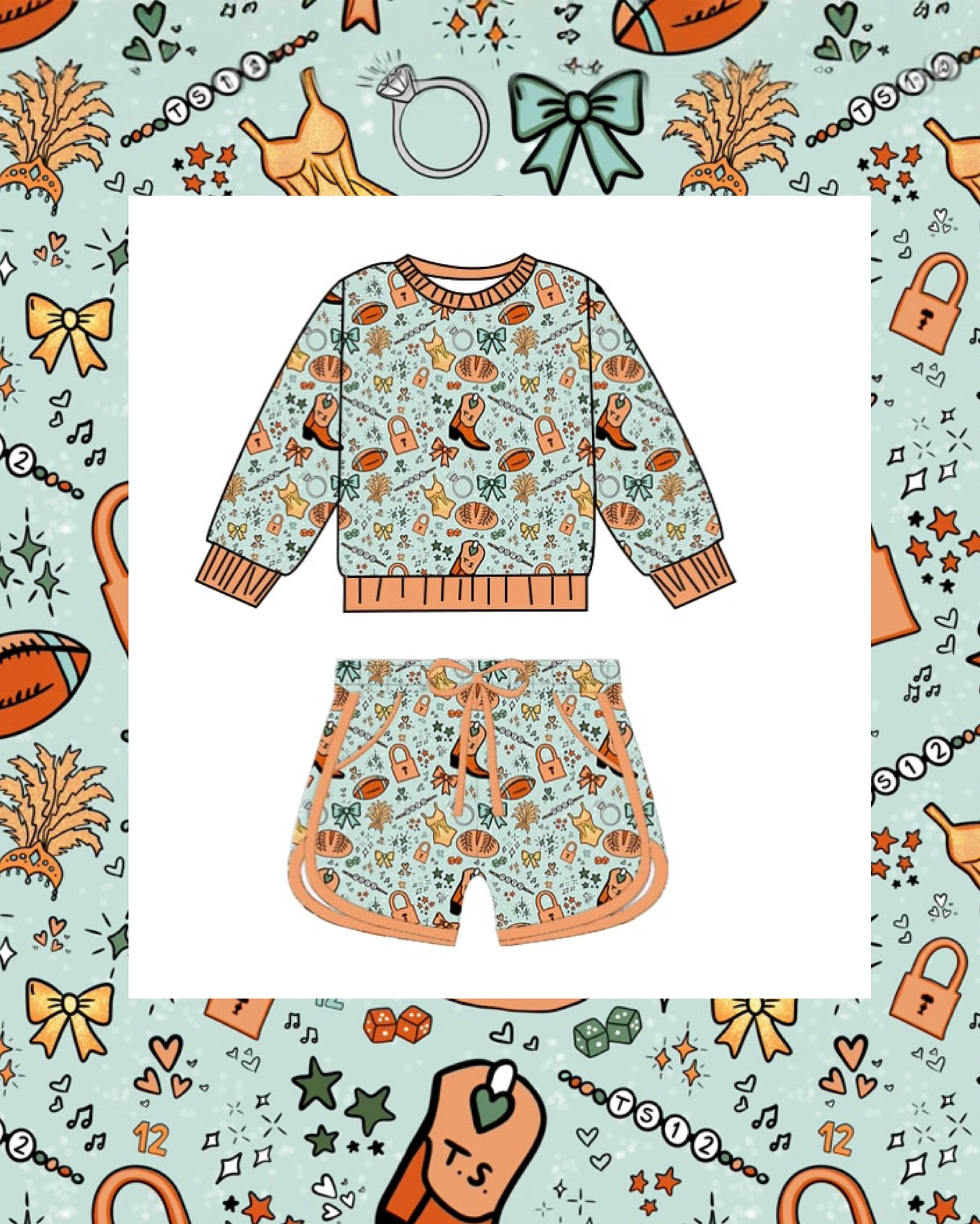 MOQ 5 preorder GLS0049 Taylor Boots Bows Orange Green Long-Sleeved Shorts Girls Set 202509