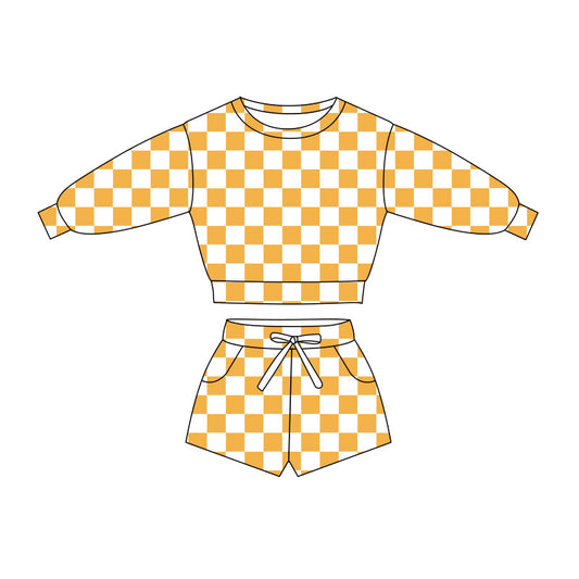 MOQ 5 preorder GLS0057 Yellow Plaid Long-Sleeve Shorts Girls Set 202510